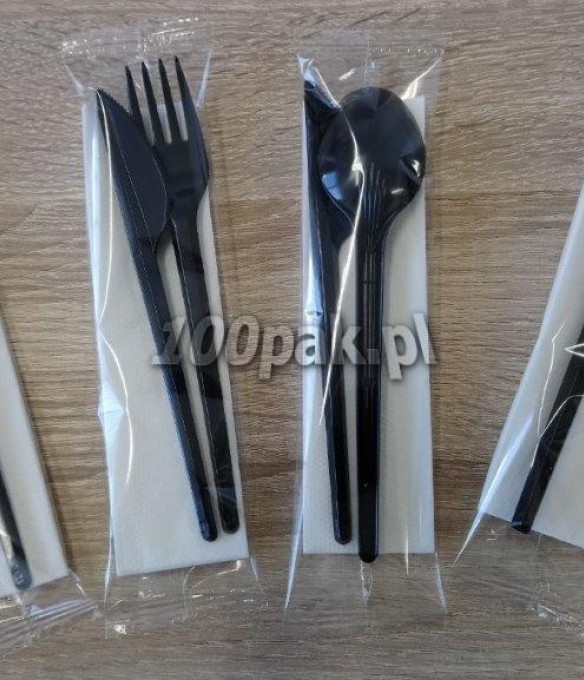 Sztućce jednorazowe zestaw widelec+nóż+serwetka 250 czarny 01-023